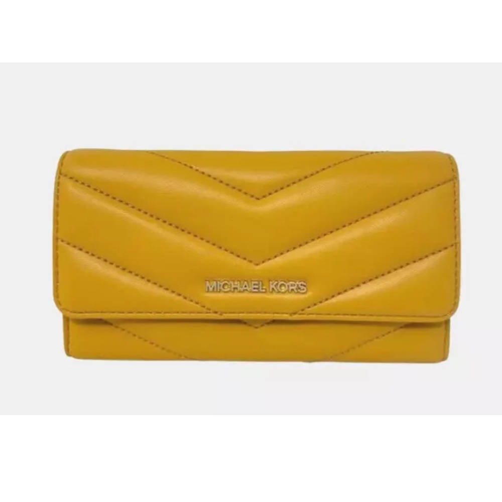 New Michael Kors Jet Set Travel Large Trifold Wallet Leather Quilted Golden Rod